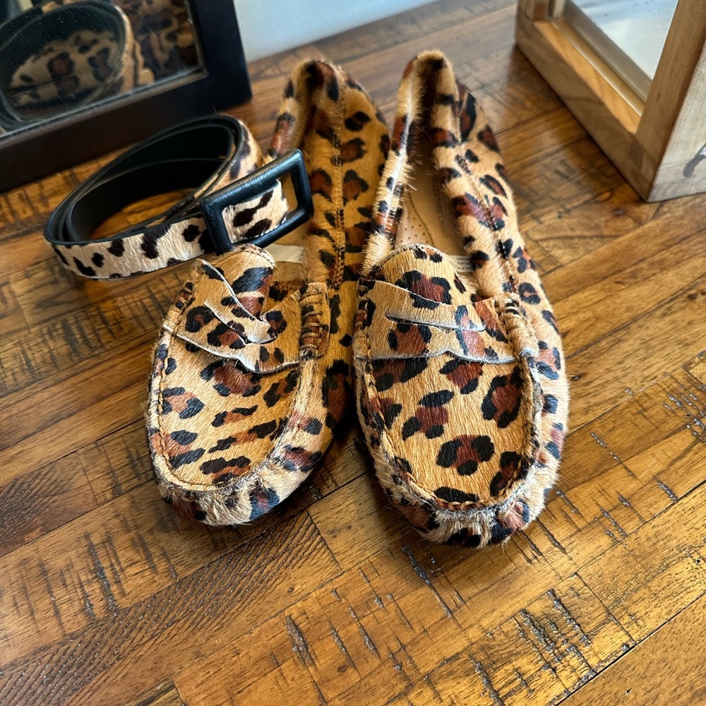 Lauren Ralph Lauren Camila Haircalf Leopard Loafers Shoes with Matching Belt